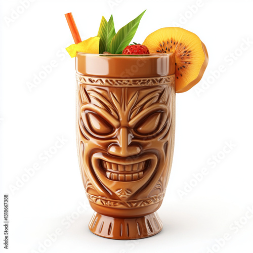 glossy 3D icon of mai tai cocktail in tiki glass with fruit garnish, featuring vibrant and tropical design. tiki glass has intricate carvings and cheerful expression