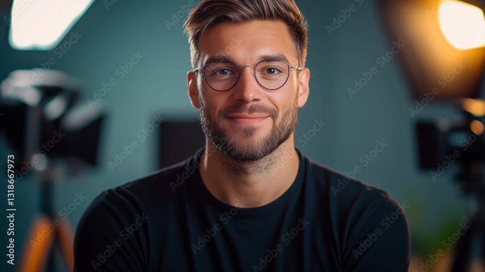 Man with glasses is smiling and looking at the camera. He is wearing a black shirt and he is in a professional setting Man with glasses is smiling and looking at the camera. He is wearing a black shirt and he is in a professional setting
