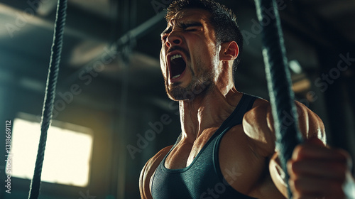 Athlete screams from tension during the final exercise
