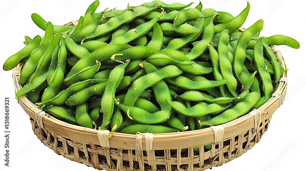 Freshly Harvested Edamame Pod Displayed in a Traditional Bamboo Basket on a White Background