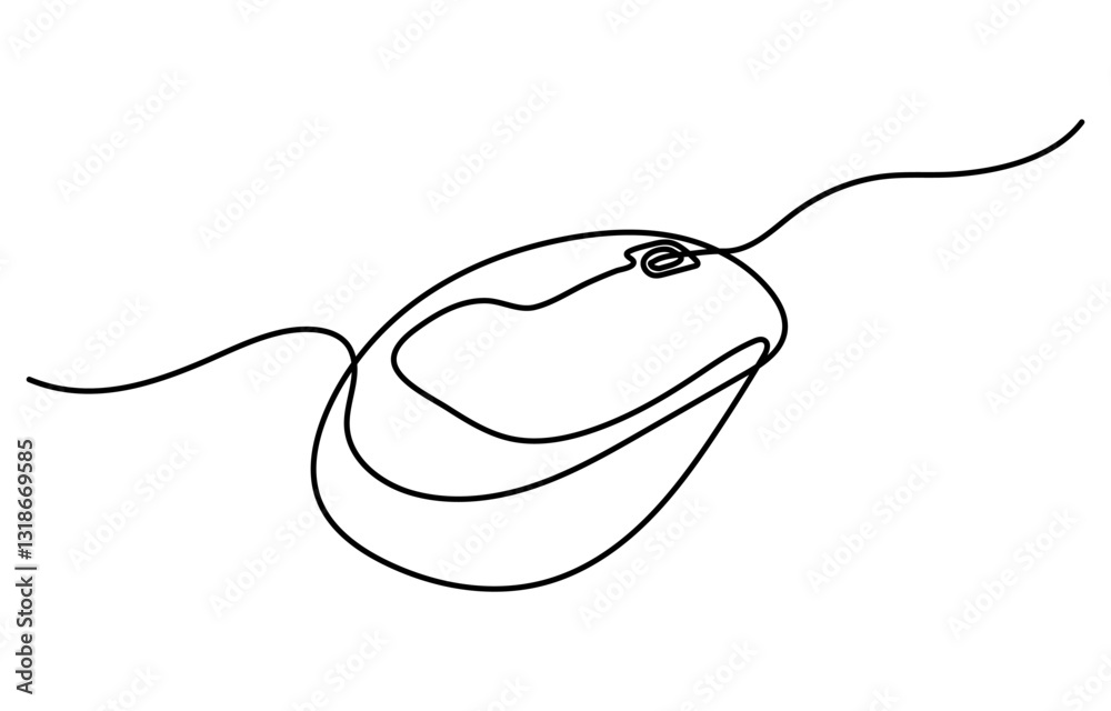 Computer mouse continuous one line drawing. Single line art illustration white background