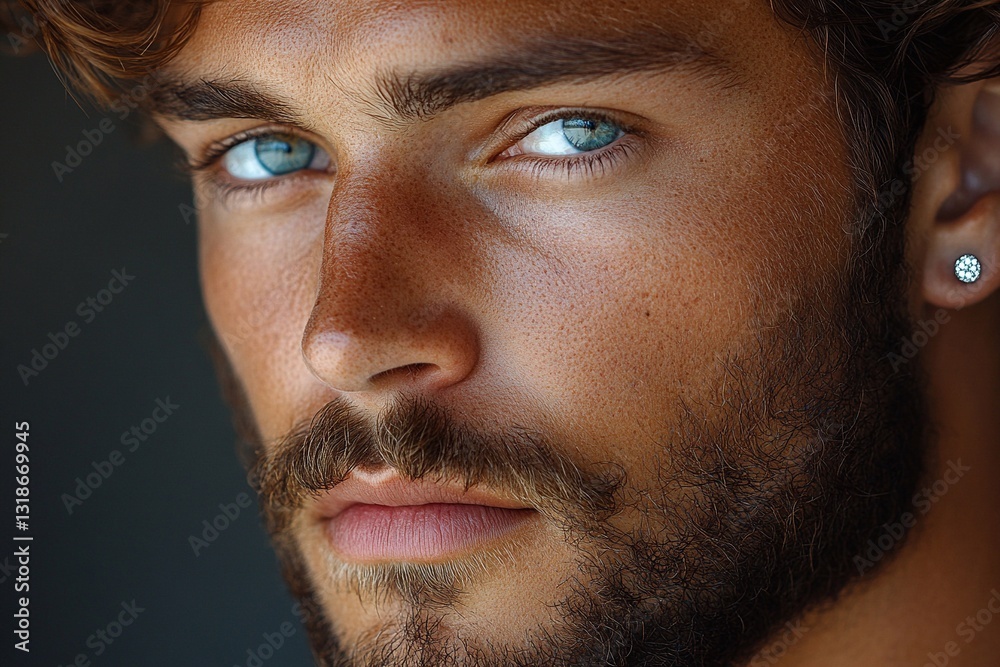 Obraz premium Young man with striking blue eyes and beard gazes intensely in natural light setting