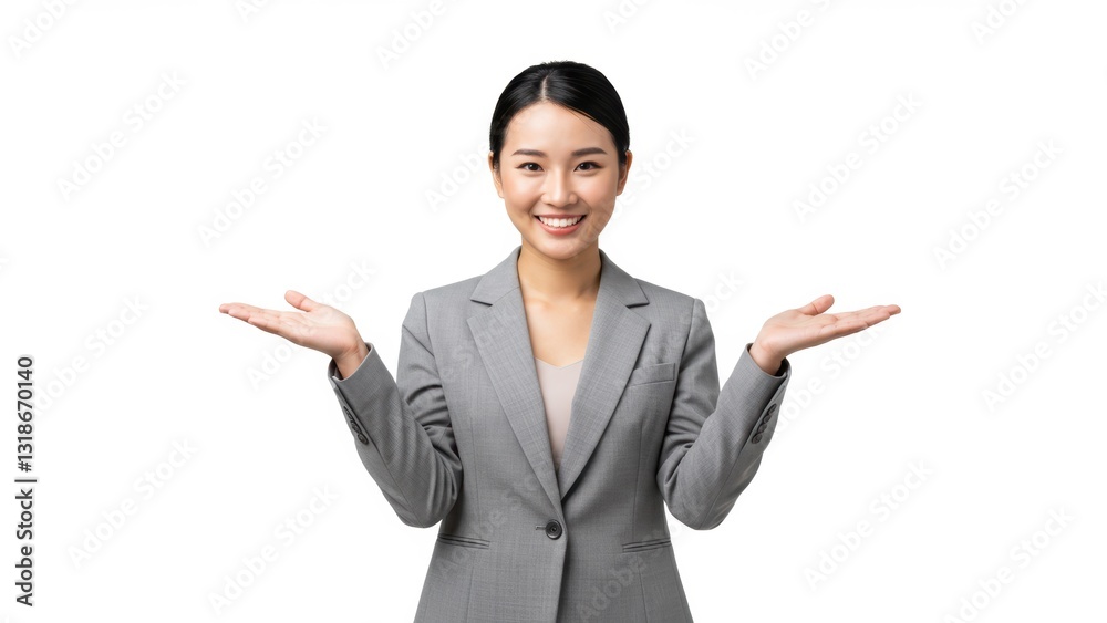 Asian businesswoman in professional attire, smiling with hands raised against neutral background Themes of diversity and empowerment Asian businesswoman in professional attire, smiling with hands raised against neutral background Themes of diversity and empowerment