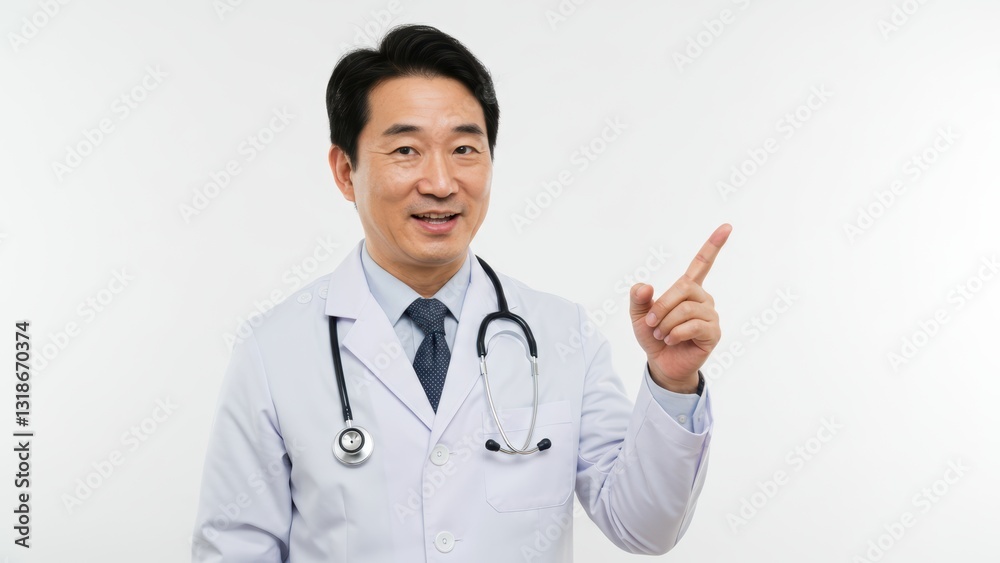 Asian male doctor in white coat smiling and pointing indoors Focus on healthcare and communication Asian male doctor in white coat smiling and pointing indoors Focus on healthcare and communication