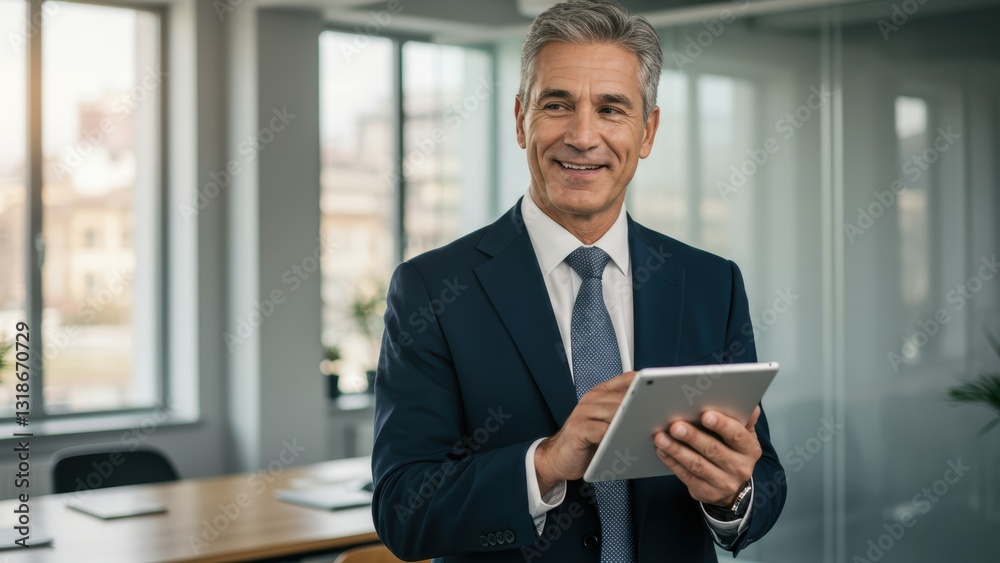 Caucasian businessman smiling while holding tablet in modern office space promoting professionalism and technology Caucasian businessman smiling while holding tablet in modern office space promoting professionalism and technology