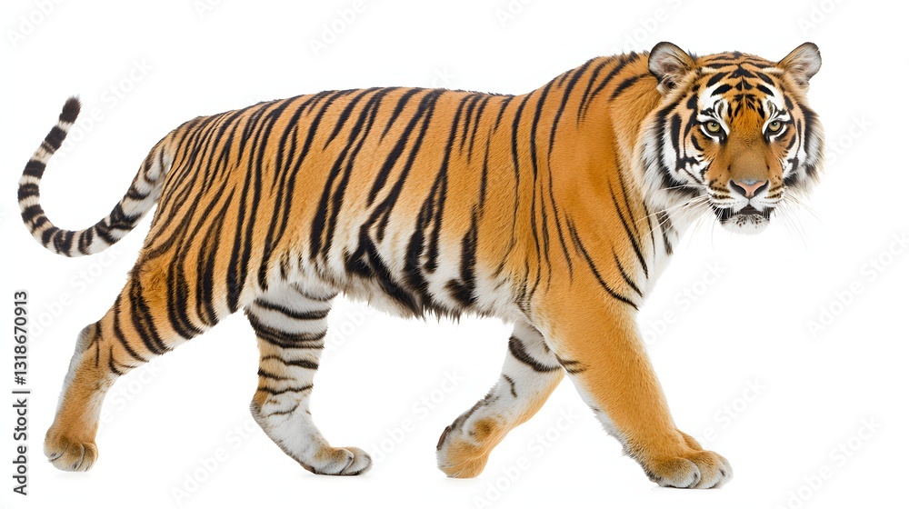 Fototapeta premium Majestic Tiger Roaming Across a White Background Displaying Vibrant Orange Stripes