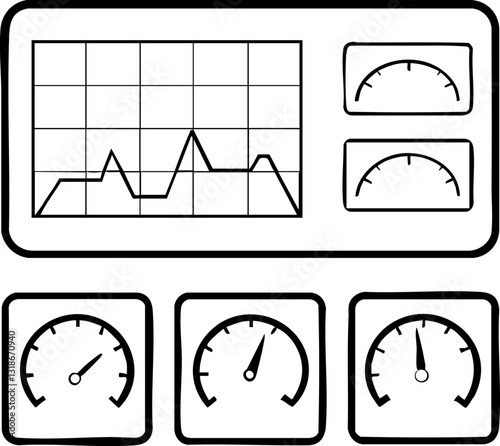 A simple line drawing of a control panel displaying a graph and three gauges, typically used for monitoring data or performance metrics.
