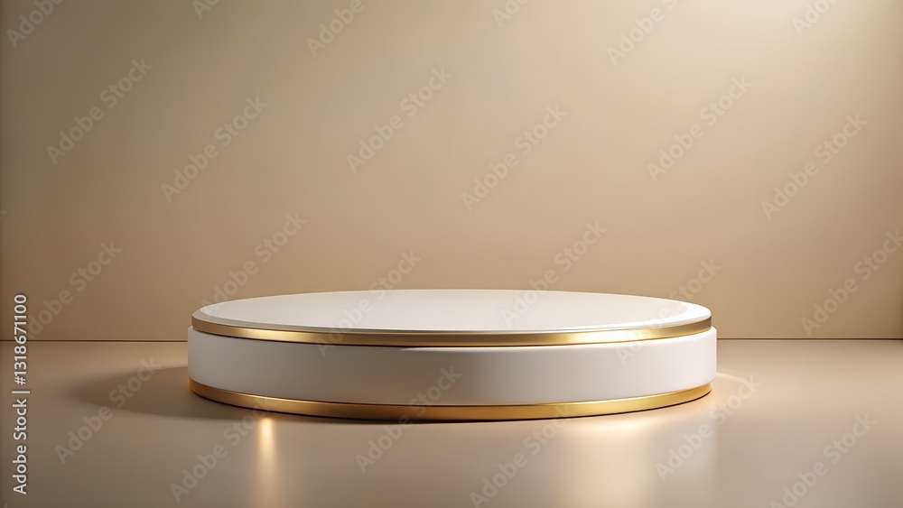 Minimalist round podium with a matte white finish and subtle golden rim, set against a warm beige gradient Minimalist round podium with a matte white finish and subtle golden rim, set against a warm beige gradient