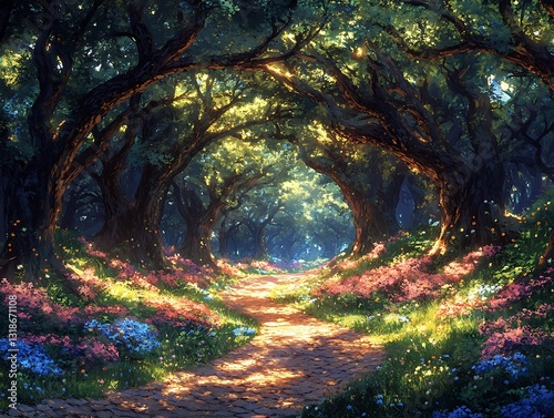 A concept art for a mythical forest realm, where ancient trees intertwine with magical flora, and mythical creatures roam freely. The artwork transports the viewer to a realm of fantasy and 
