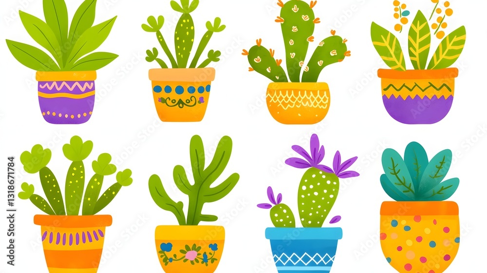 Colorful Collection of Potted Succulents and Cacti with Vibrant Patterns and Designs Colorful Collection of Potted Succulents and Cacti with Vibrant Patterns and Designs