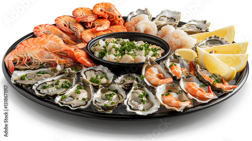 Gourmet Seafood Platter with Shrimp, Oysters, and Lemon

 photo
