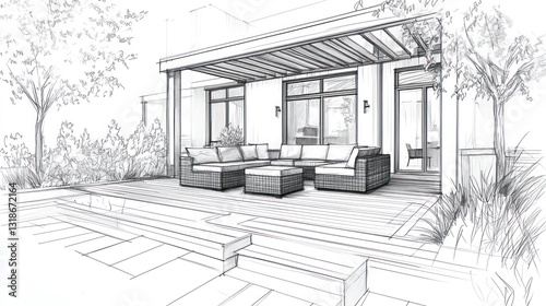 Architectural sketch of a home deck addition, featuring outdoor seating and detailed design elements.