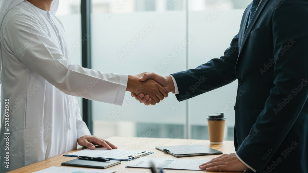 Middle Eastern and Caucasian businessmen shake hands in modern office Signifies collaboration and professional relationships Middle Eastern and Caucasian businessmen shake hands in modern office Signifies collaboration and professional relationships