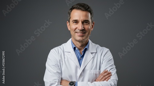 Middle aged male doctor in white coat smiling against a neutral background Represents healthcare, trust, and wellness