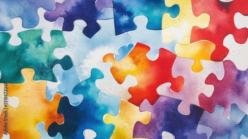 Colorful, interconnected puzzle pieces with a watercolor finish, representing diversity and connectivity in an abstract, artistic form.