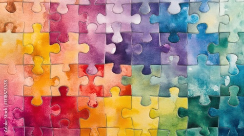 Colorful, interconnected puzzle pieces with a watercolor finish, representing diversity and connectivity in an abstract, artistic form.