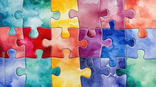 Colorful, interconnected puzzle pieces with a watercolor finish, representing diversity and connectivity in an abstract, artistic form.