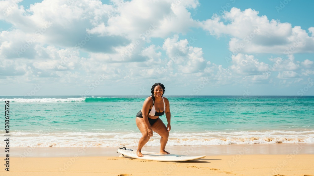 Afro Latina woman surfing on beach in Fiji Smiling, enjoying summer, promoting active lifestyle and empowerment Afro Latina woman surfing on beach in Fiji Smiling, enjoying summer, promoting active lifestyle and empowerment