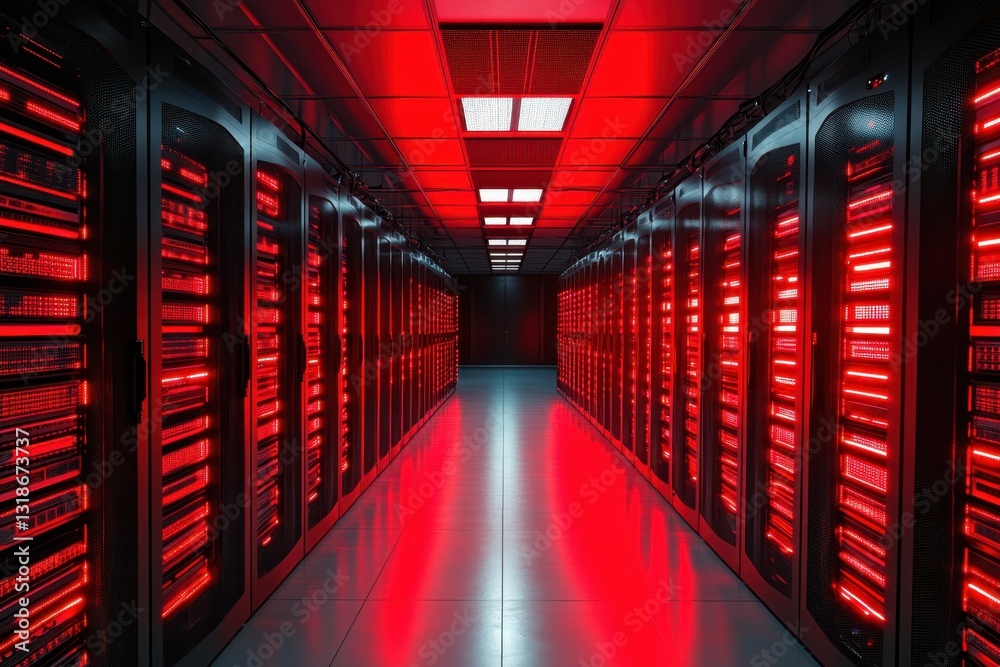 Fototapeta premium Advanced server room with illuminated red lighting and rows of equipment in a modern data center