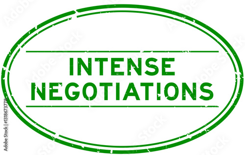 Grunge green intense negotiations word oval rubber seal stamp on white background