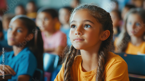 Portrait of school girl learning in classroom at school. Young adorable kid student sitting on study table and listen educate subject.