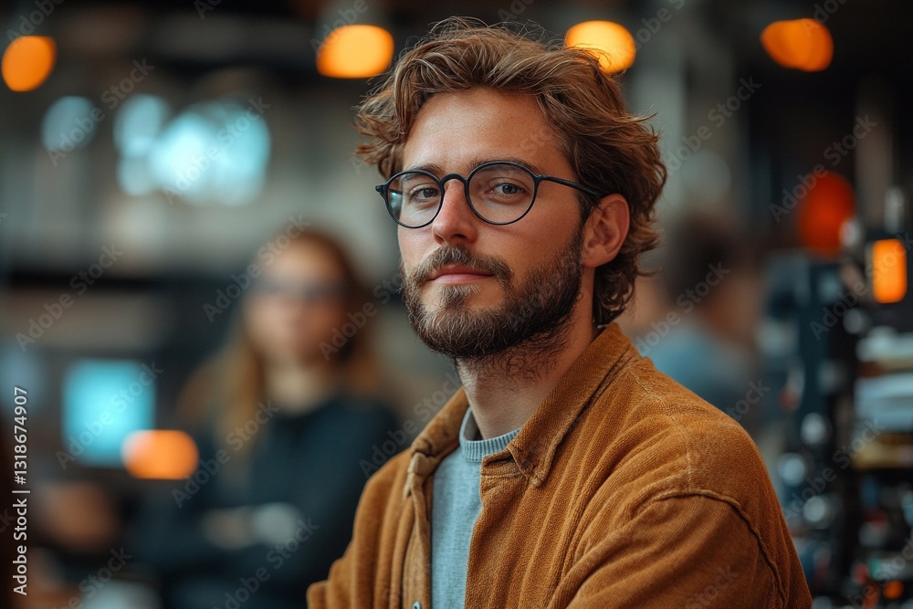 Obraz premium Young man with glasses and beard poses confidently in a cozy cafe setting