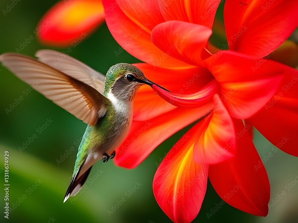 Naklejka premium Stunning Hummingbird Feeding on Red Flower, Macro Photography, Nature's Beauty.
