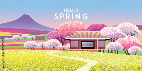 Springtime's poster. Handmade drawing vector illustration of countryside nature, japanese cottage, cherry blossom trees, farms, fields and lawns, hills, mountain. Doodle cartoon bright fantasy style.
