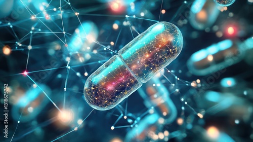 Digital pills and neural network representing pharmaceutical AI and drug discovery.
