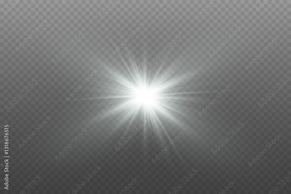 White star flash with magical rays of light. On a transparent background.