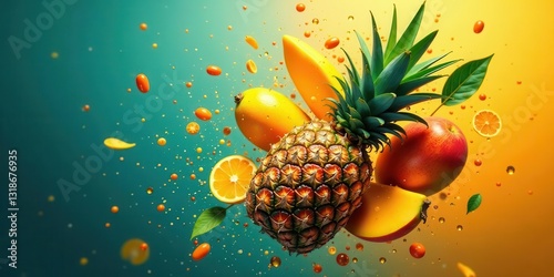 A vibrant display of tropical fruits in mid-air, showcasing a pineapple, mangoes, oranges, and splashes of juice, creating a dynamic and delicious composition.