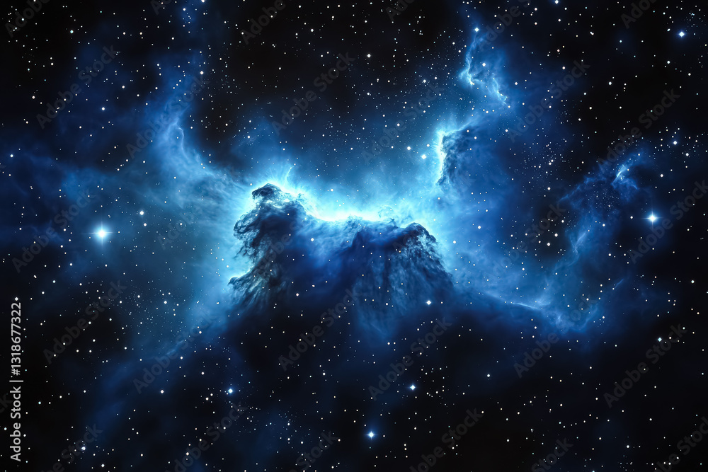 Naklejka premium Blue cloud in the sky with many stars. The stars are scattered all over the sky. The sky is dark and the stars are shining brightly