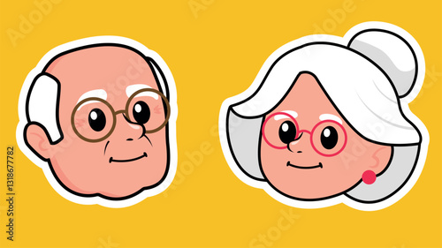 Grandparents' faces. Cute simple illustrations of elderly people's faces. Grandmother and grandfather