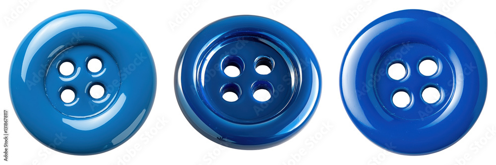 Three shiny blue buttons with four holes each, arranged in row