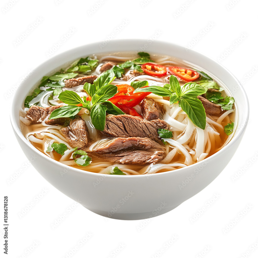 A Bowl of Vietnamese Pho Fragrant Noodle Soup with Beef and Vegetables Isolated on Transparent Background A Bowl of Vietnamese Pho Fragrant Noodle Soup with Beef and Vegetables Isolated on Transparent Background