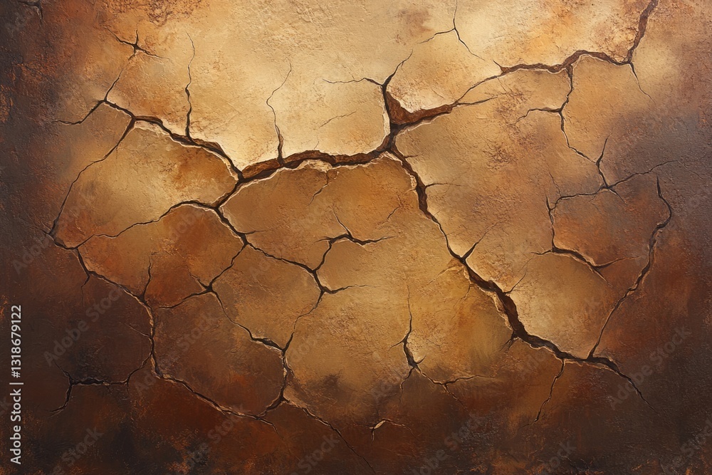 Abstract painting depicting a cracked, dry earth texture in shades of brown and beige. Abstract painting depicting a cracked, dry earth texture in shades of brown and beige.