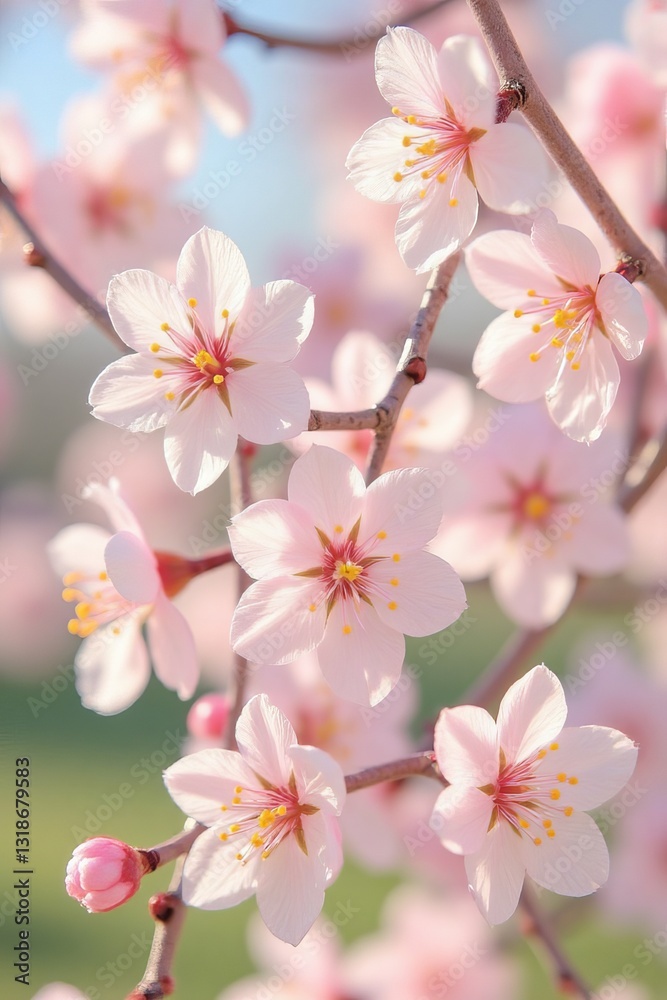 Fototapeta premium Delicate White and Pink Cherry Blossom Flowers in Full Bloom, Illuminated by Soft Sunlight