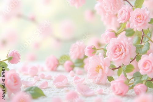 Delicate Pastel Floral Background, Blooming Rose Flowers, Scattered Petals, Serene Spring Atmosphere