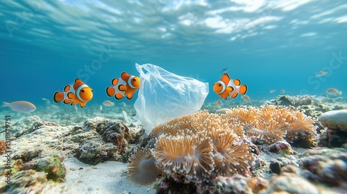 A breathtaking yet heartbreaking underwater scene depicting a plastic bag drifting amidst a vibrant coral reef