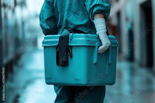 Medical professional carrying a cooler for organ transport, symbolizing organ preservation and transplantation logistics.
