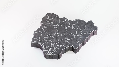 Realistic 3D map of Nigeria with detailed topography and borders. Perfect for geographic visualizations, educational materials, cartography, digital mapping, and location-based projects.