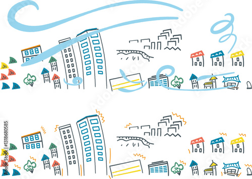 大災害　台風に見舞われる街並みと地震に遭う街並み　セットのストックイラスト素材
