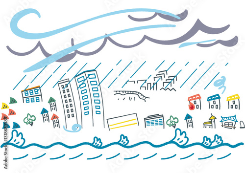 大災害　大火事に見舞われる街並み大雨に遭う街並み　ストックイラスト素材
