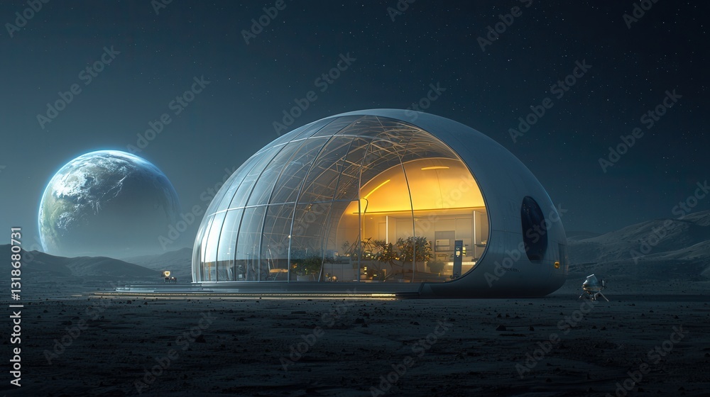 Obraz premium A highly detailed and cinematic digital painting depicting a magnificent futuristic domed architecture structure situated on an alien planet