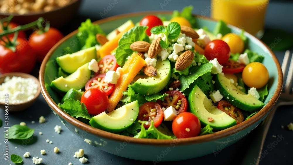 A vibrant and healthy salad featuring fresh avocado slices, colorful cherry tomatoes, crumbled cheese, crunchy almonds, and a touch of sweet fruit segments in a refreshing green bowl. A vibrant and healthy salad featuring fresh avocado slices, colorful cherry tomatoes, crumbled cheese, crunchy almonds, and a touch of sweet fruit segments in a refreshing green bowl.