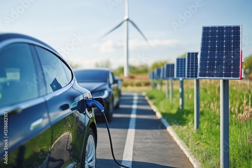 Renewable energy sources powering an electric car charging station, depicted with solar panels and a wind turbine in the background.