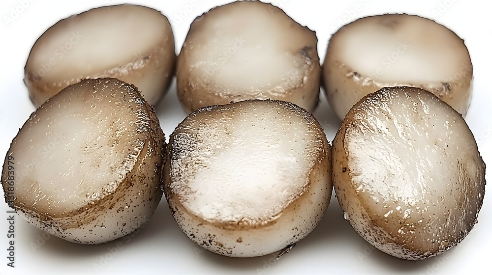 Close-Up Image of Circular Frozen Ice Treats with Brown Edges on a White Background Close-Up Image of Circular Frozen Ice Treats with Brown Edges on a White Background