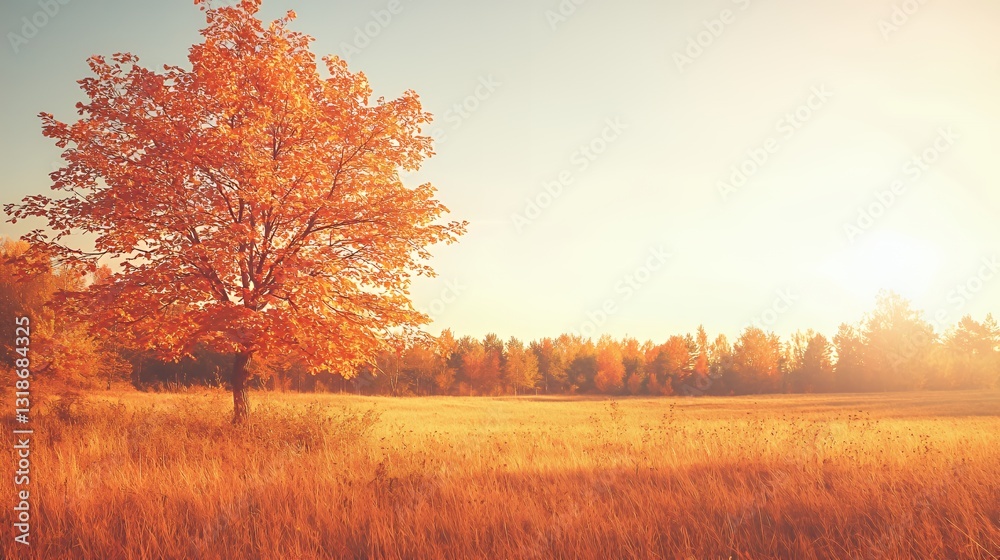 Fototapeta premium Single Orange Tree in Autumn Field at Sunset