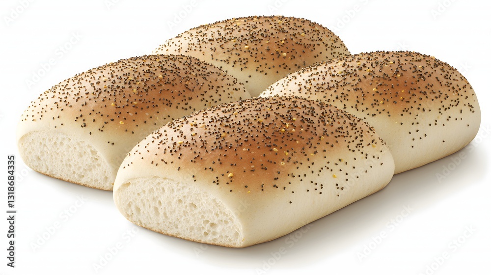 Freshly Baked Golden Bread Rolls Topped with Seasoned Poppy Seeds on a White Surface Freshly Baked Golden Bread Rolls Topped with Seasoned Poppy Seeds on a White Surface