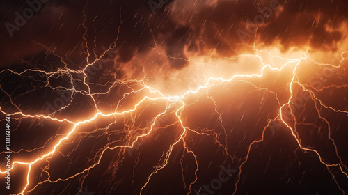 Stormy sky with lightning bolts and rain. Scene is intense and dramatic